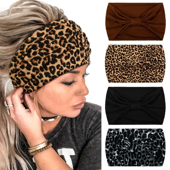Wide Headbands for Women Black Stylish Head Wraps Boho Thick Hairbands Large African Leopard Printed Sport Yoga Turban Headband Hair Accessories (Pack of 4)