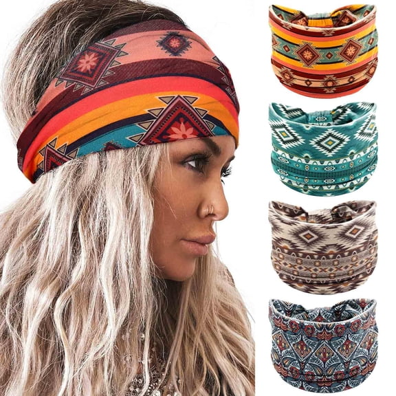 Wide Headbands Women Boho Turban Knotted Headband Floral Elastic Non Slip Hairband Workout Yoga Head Scarfs Bohemian Headwraps Fashion Hair Accessories for Women (Print)