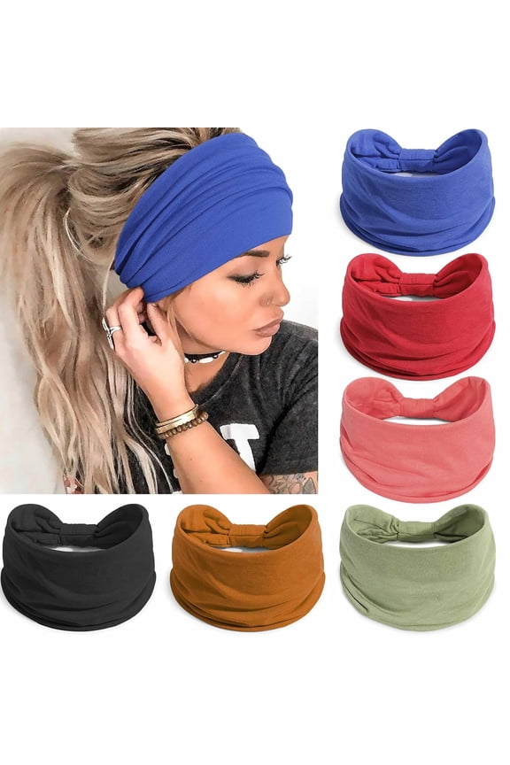 Wide Headbands for Women Knotted No Slip Head Bands Soft Turban Headband Hair Accessories Boho African Solid Color Head Wraps for Women Yoga Workout Pack of 6(Boho)