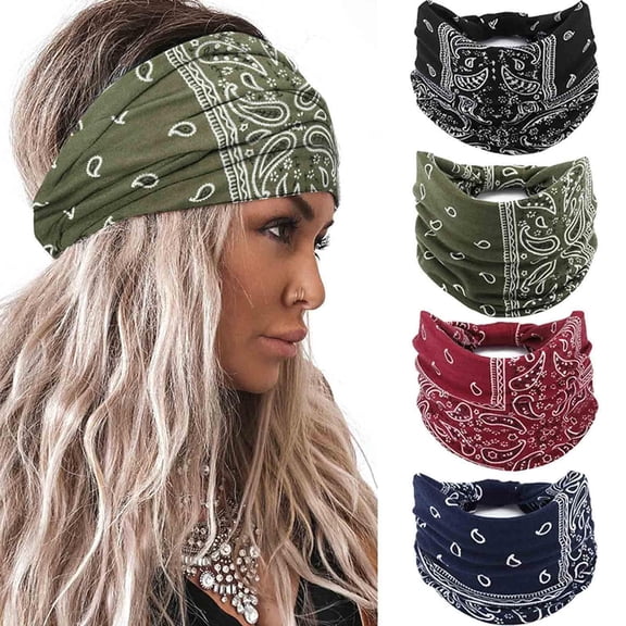 Wide Headbands Women Knotted Turban Headband Elastic Non Slip Hairbands Floral Workout Headbands Yoga Cotton Hair Scarfs Boho Head Wraps Fashion Hair Accessories for Women 4Pcs(Bohemian)