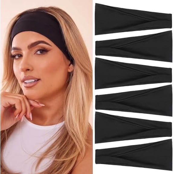 Wide Headbands For Women Non Slip 6 count Black Band for Women's Hair Soft Bands Stretchy Hair Accessories Hair Bands for Fashion, Workouts, Daily Use