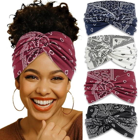 Wide Headbands for Women 4 Pack, Paisley Twist Hair Bands Stretchy Cross Head Turban Bandana, Non Slip Exercise Hair Wraps Accessories