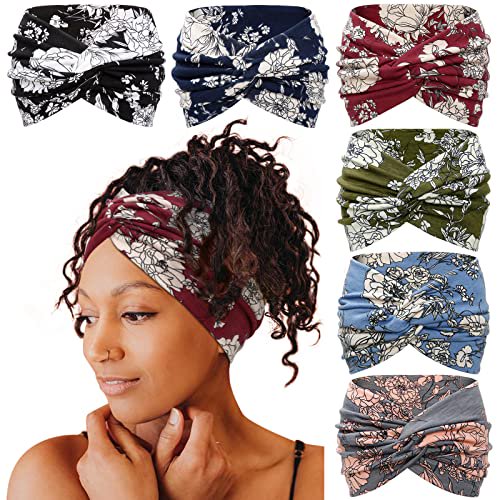 Wide Headbands for Women, 7'' Floral Printed Turban Headband Boho Hairband Twist Hair Accessories, 6 pack