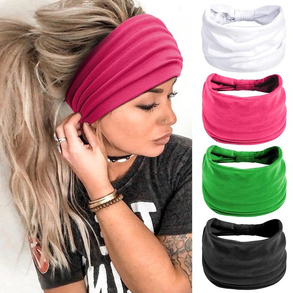 Wide Headbands for Women Black Stylish Head Wraps Boho Thick Hairbands Large African Sport Yoga Turban Headband Hair Accessories (Pack of 4)