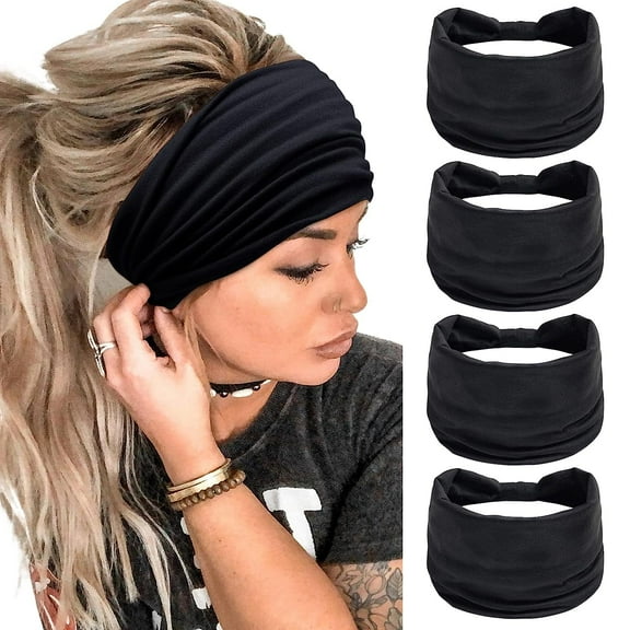 Wide Headbands for Women Black Stylish Head Wraps Boho Thick Hairbands Large African Sport Yoga Turban Headband Hair Accessories (Pack of 4)