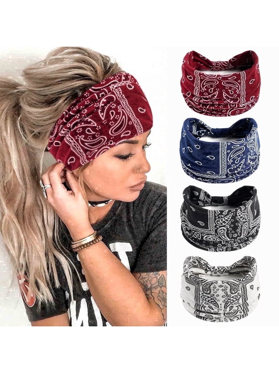 Wide Headbands for Women, Boho Bandeau Head Bands, Workout Head Wraps, Stretch No Slip Hair Wraps Pack of 4