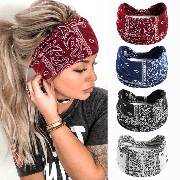 Wide Headbands for Women, Boho Bandeau Head Bands, Workout Head Wraps, Stretch No Slip Hair Wraps Pack of 4