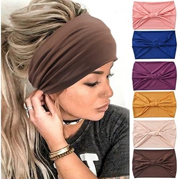 Wide Headbands for Women No Slip Boho Headband Solid Bandana bands Elastic Yoga Workout Bands Running Turban Knotted Headwraps,Pack of 6