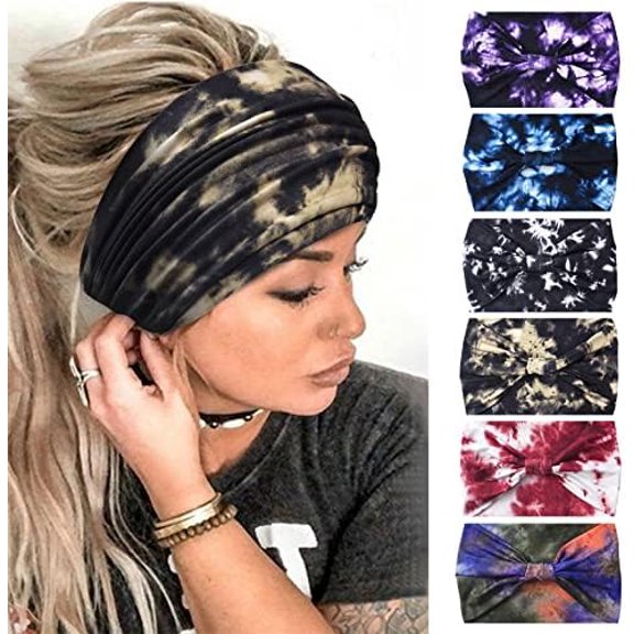 Wide Headbands for Women Non Slip Boho Headband Elastic Tie dye Yoga Workout Bands Running Hair bands, of 6