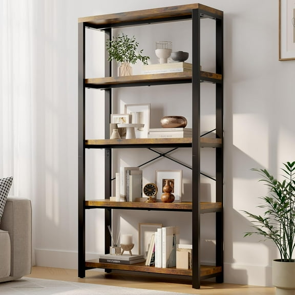 Wide Heavy Duty Bookshelf, Industrial Wood and Metal Bookshelf, Vintage Bookcase with Lock Wall Design, Living Room Shelf