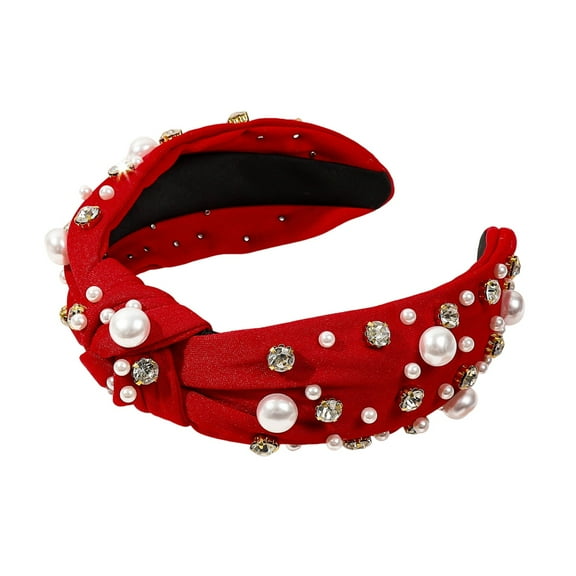 Wide Knotted Headband with Pearls - Valentine's Day Hair Accessories for Women & Girls, Fashionable Red Headband for Brides, Mothers & Sisters (Non- Comfort Fit)