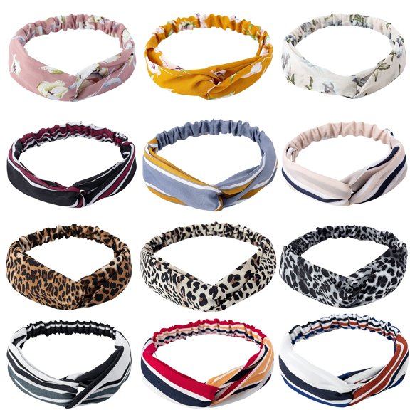 Wide Knotted Headbands for Women - 12 Pack Boho Hair Accessories, Elastic Turban Bandeau, Flower Printed Plastic Head Band Vintage Cross Hair Accessories for Washing Face, Style 5