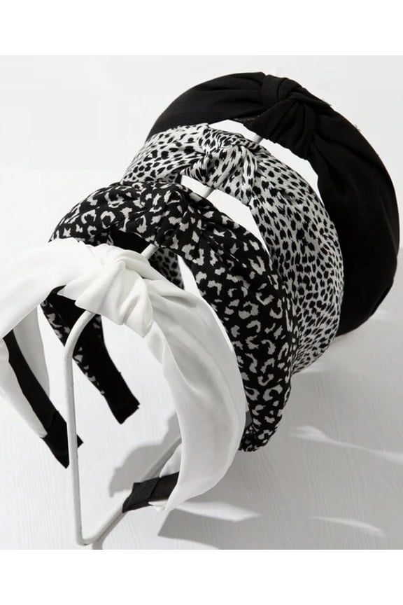 Wide Knotted Headbands for Women Non Slip Top Knot Hair Hoops in Black White and Leopard Print 3 Pack