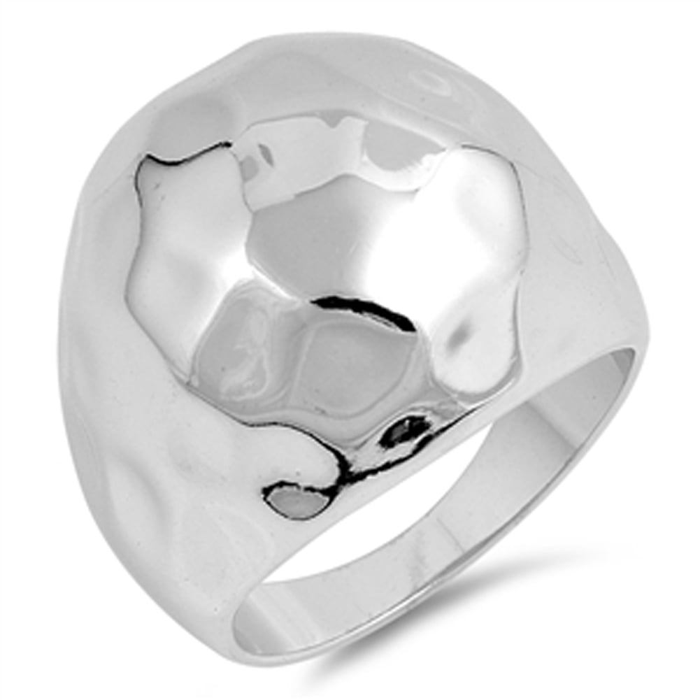 Wide Large Domed Hammered Shiny Ring .925 Sterling Silver Band Jewelry ...