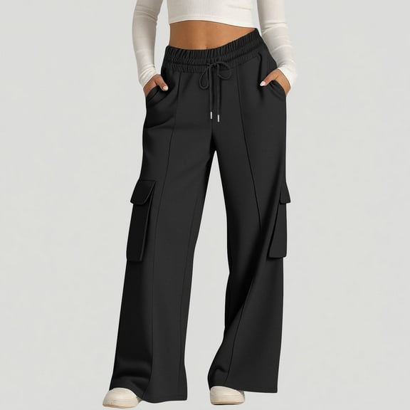 Wide Leg Baggy Sweatpants Women Drawstring High Waisted Cargo Sweat Pants with Pockets Casual Dance Streetwear Black XXL