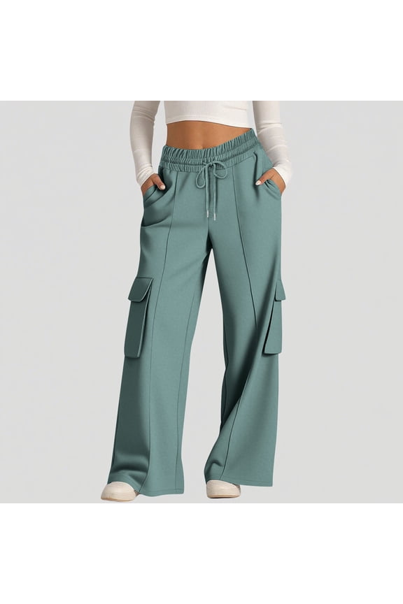 Wide Leg Baggy Sweatpants Women Drawstring High Waisted Cargo Sweat Pants with Pockets Casual Dance Streetwear Green L