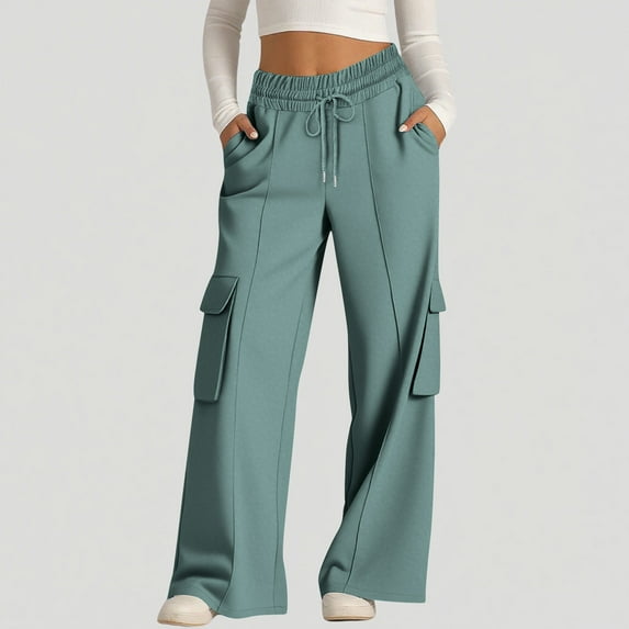 Wide Leg Baggy Sweatpants Women Drawstring High Waisted Cargo Sweat Pants with Pockets Casual Dance Streetwear Green XXL