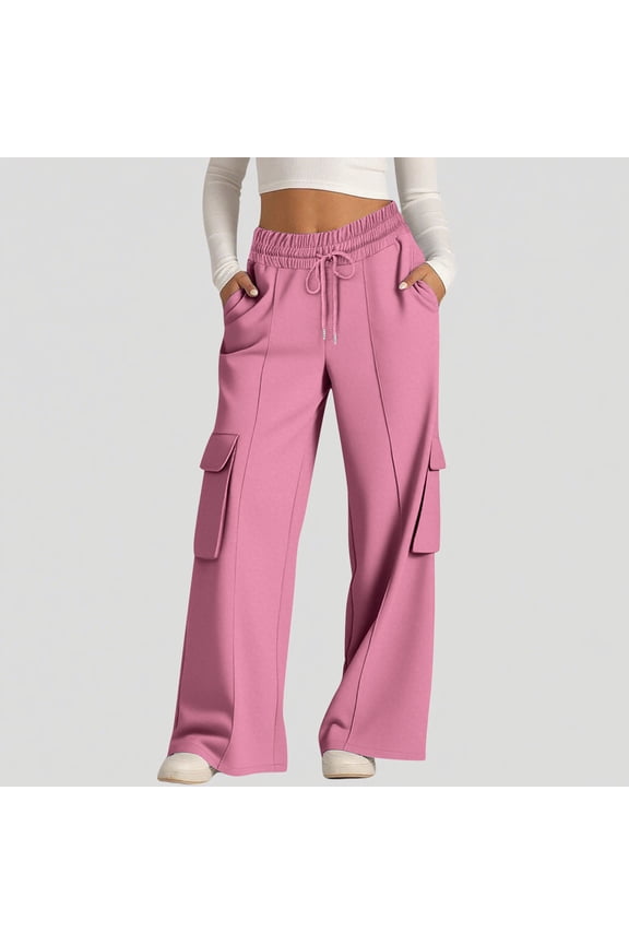 Wide Leg Baggy Sweatpants Women Drawstring High Waisted Cargo Sweat Pants with Pockets Casual Dance Streetwear L