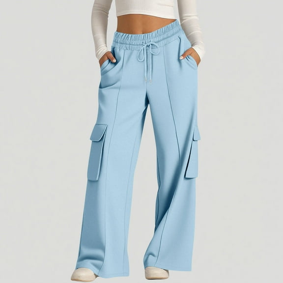 Wide Leg Baggy Sweatpants Women Drawstring High Waisted Cargo Sweat Pants with Pockets Casual Dance Streetwear Sky Blue L
