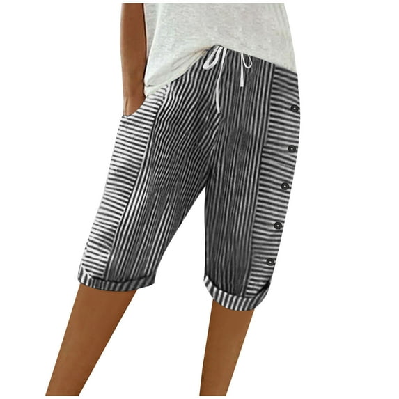 Wide Leg Bermuda Shorts for Women New Womens Stripe Print Shorts Summer Knee-Length Casual Bermuda Shorts Elastic Waist Side Button Shorts Black S