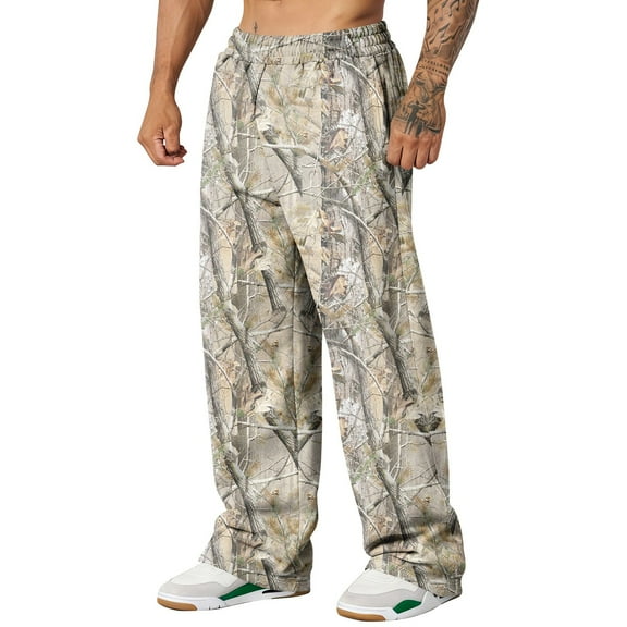 Wide Leg Camo Sweatpants for Men Camouflage Graphic Sweats Elastic Waistband Open Bottom Bottoms with Pockets Joggers for Gym Workout Hiking Casual Clothing,Camouflage XXL