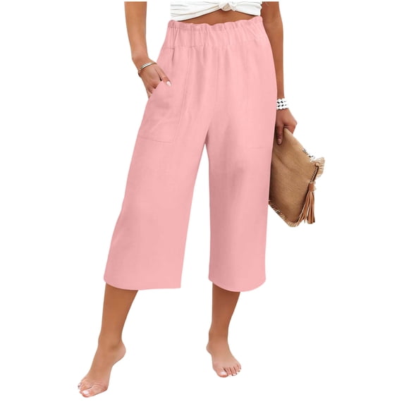 Wide Leg Capri Linen Pants for Women Loose Summer Ruffles High Rise Elastic Casual Cropped Bottom with Pockets