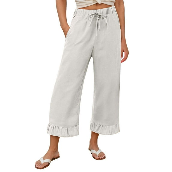 Wide Leg Capri Pants For Women Summer Linen Elastic Waisted Pull On Capris With Pockets Boho Beach Ruffle Pants
