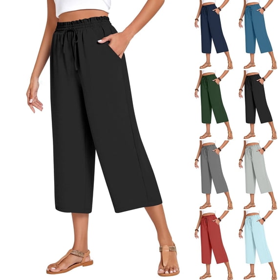 Wide Leg Capri Pants for Women Elastic Waist Cropped Trousers Loose Casual Lightweight 2026 Summer Lounge Beach Pull On Capris 20" 21" 22" Inseam Black L