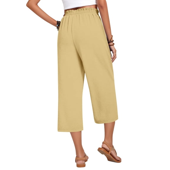 Wide Leg Capri Pants for Women Elastic Waist Cropped Trousers Loose Casual Lightweight 2026 Summer Lounge Beach Pull On Capris 20" 21" 22" Inseam Khaki S