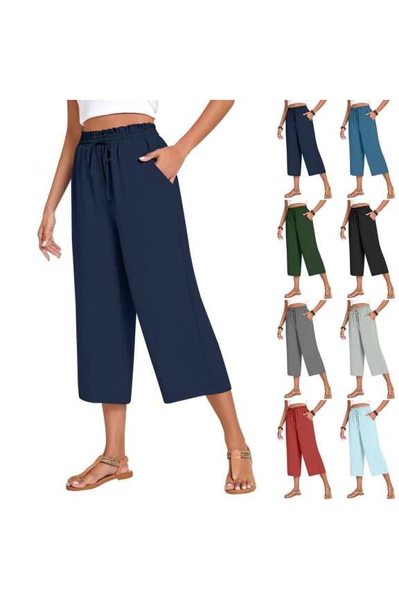 Wide Leg Capri Pants for Women Elastic Waist Cropped Trousers Loose Casual Lightweight 2026 Summer Lounge Beach Pull On Capris 20" 21" 22" Inseam Navy 2XL