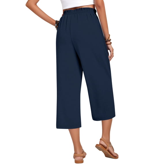 Wide Leg Capri Pants for Women Elastic Waist Cropped Trousers Loose Casual Lightweight 2026 Summer Lounge Beach Pull On Capris 20" 21" 22" Inseam Navy L