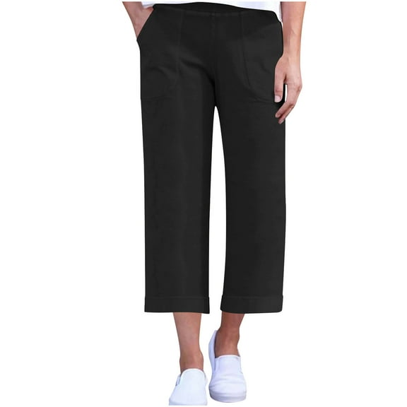 Wide Leg Capri Pants for Women Elastic Waisted Sweatpants with Pocket Summer Casual Breathable Trousers