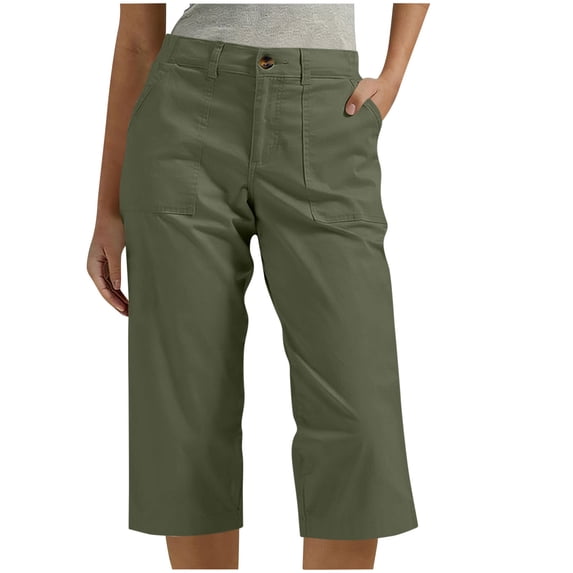 Wide Leg Capri Pants for Women Loose Summer High Rise Cropped Cargo Pants with Pockets Army Green