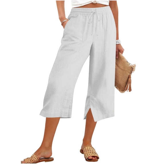 Wide Leg Capris Pants For Women Summer Flowy Drawstring Waisted Side Split Trousers Lightweight Beach Travel Outfits White