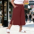 thumbnail image 1 of Wide Leg Capris Pants Plus Size Women Elastic Waist Pockets Side Slit Lightweight Casual Summer Beach Travel Cropped Pants Wine 4XL, 1 of 6