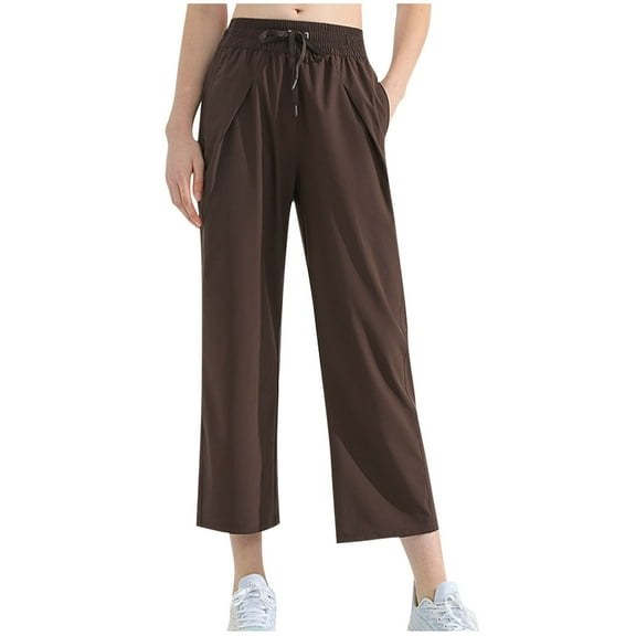 Wide Leg Capris Pants Women Solid Color Drawstring Elastic High Waisted Cropped Pants with Pockets