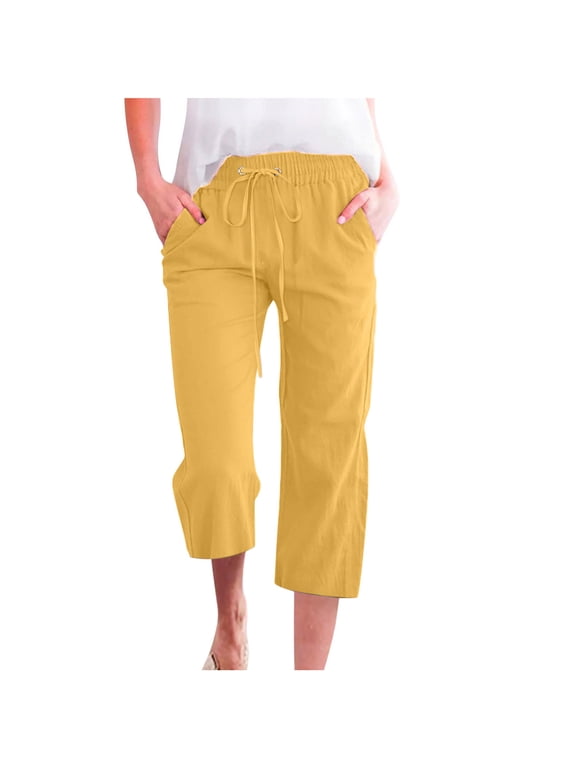 Wide Leg Capris Pants for Women Casual 2025 Summer Drawstring Elastic High Waist Cotton Linen Pants Plus Size Solid Color Cropped Trousers Yellow XL