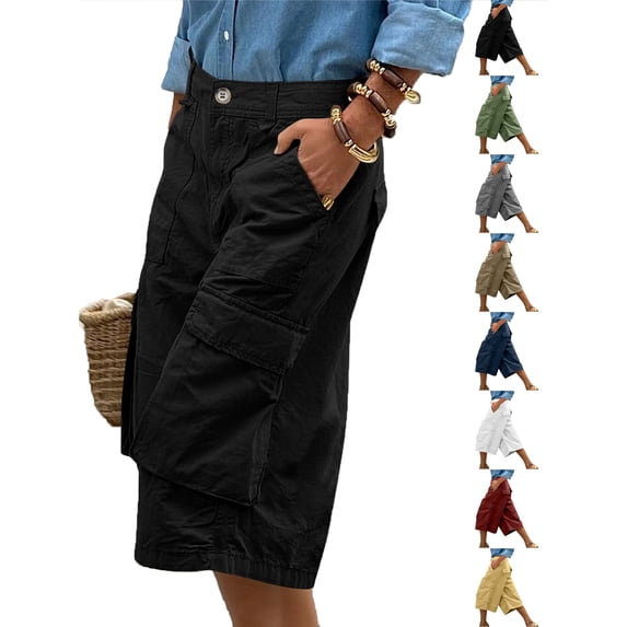 Wide Leg Capris Pants for Women with Pockets Plus Size Elastic Waist Women Solid Color Summer Casual High Waist Cargo Pants Black S