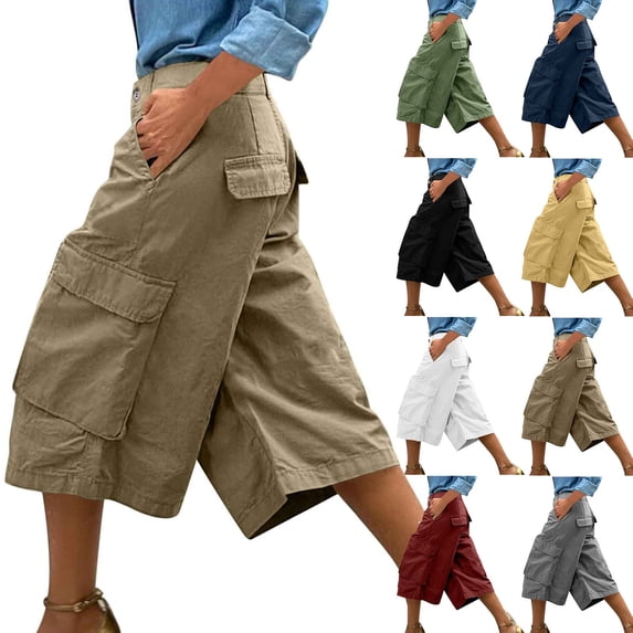 Wide Leg Capris Pants for Women with Pockets Plus Size Elastic Waist Women Solid Color Summer Casual High Waist Cargo Pants Khaki M