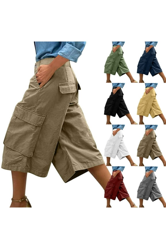Wide Leg Capris Pants for Women with Pockets Plus Size Elastic Waist Women Solid Color Summer Casual High Waist Cargo Pants Khaki XL
