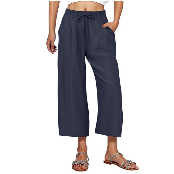 Wide Leg Capris Sweatpants for Lady Women's Linen Drawstring Capris, Elastic Waist Loose Wide Leg Cropped Pants with Pockets for Summer Casual Beach Vacation Dark Blue XXL