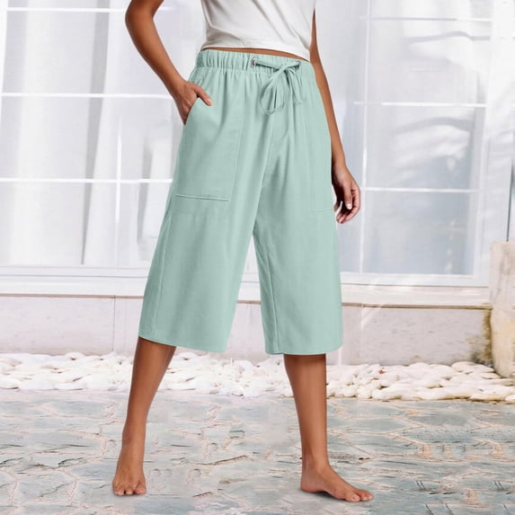 Wide Leg Capris Sweatpants for Women Summer Cotton Linen Cropped Pants for Women High Waisted Wide Leg Capris Drawstring Wide Leg Causal Beach Trousers with Pockets Mint Green M