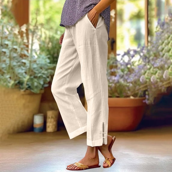 Wide Leg Capris Sweatpants for Women Women Summer Elastic Waist Linen Pants Comfortable Ankle Length Capris Pants Casual Travel Vacation Trousers Beige M