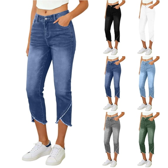 Wide Leg Capris Women Capri Jeans Mid-Rise Slim Fit Cross Cuff Denim Pants Summer Comfy Outdoor Jeans with 4 Pockets