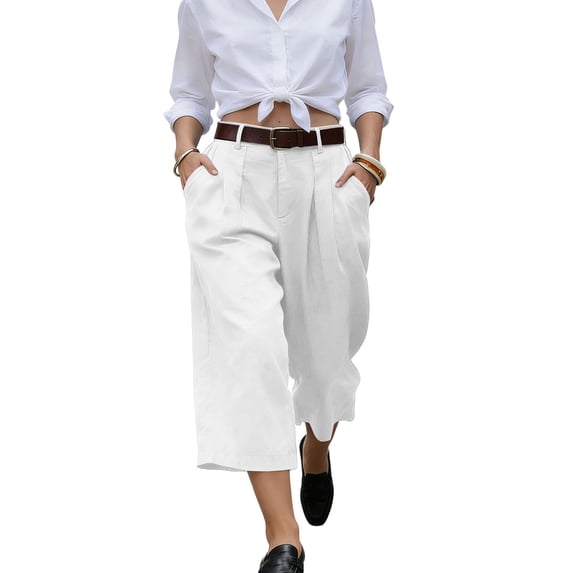 Wide Leg Capris for Women Summer Casual Button Pleated Solid Color Comfortable Baggy High Waist Summer Spring Cropped Pants