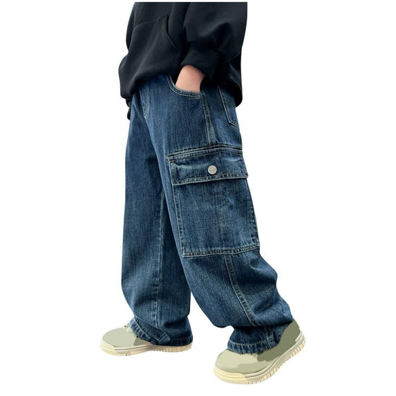 Wide Leg Cargo Jeans for Boys Loose Baggy Denim Pants Elastic Waistband Casual Jean Trousers with Pocket Blue,9 Years