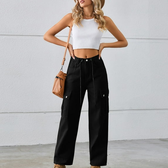 Wide Leg Cargo Jeans for Women Pocket Side Baggy Jeans Relaxed Fit Casual Straight Stretch Cargo Pants