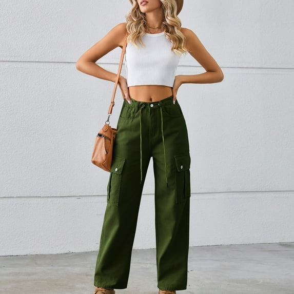 Wide Leg Cargo Jeans for Women Pocket Side Baggy Jeans Relaxed Fit Casual Straight Stretch Cargo Pants
