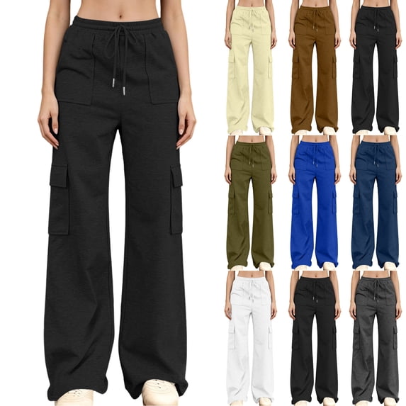 Wide Leg Cargo Long Sweatpants for Women, Solid Drawstring Waist Casual Trousers with Multiple Pockets White