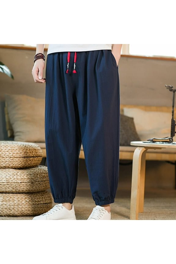 Wide Leg Cargo Pants For Men Men's Linen Harem Drawstring Pants Japanese Casual Elastic Waist Baggy Trouser Hippie Yoga Pants Joggers Sweat Lounge Harem Pants Trousers Drop Crotch Sweatpants Trousers